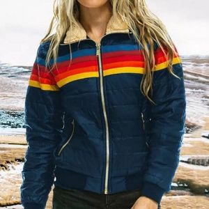 Navy Blue Rainbow Color Block Thin Puffer Jacket, S Tag, XS/S Fit